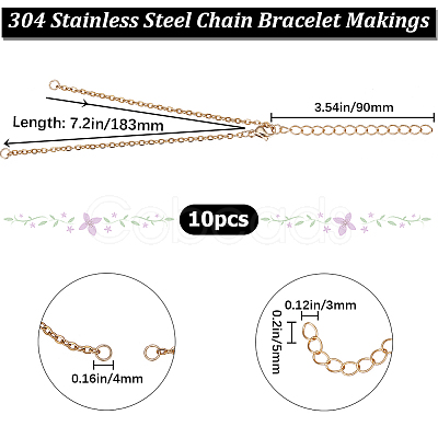 10Pcs 304 Stainless Steel Cable Chain Bracelet Making AJEW-BBC0002-11-1