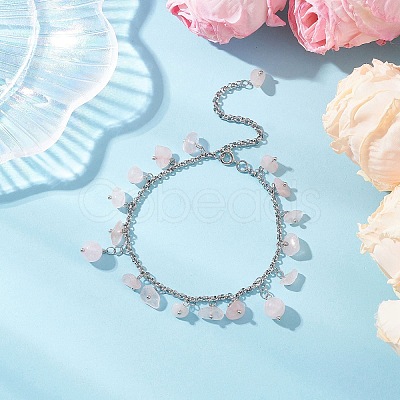 304 Stainless Steel Natural Rose Quartz Chips Charm Bracelets BJEW-JB12376-03-1