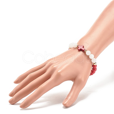 Natural White Jade & Gemstone & Synthetic Turquoise(Dyed) Stretch Bracelet with Cross BJEW-JB08295-1