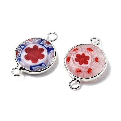 Handmade Millefiori Lampwork Flat Round Connector Charms LAMP-D002-02A-S-1