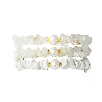 3Pcs 3 Styles Natural & Synthetic Mixed Gemstone Chip & Natural Cultured Freshwater Pearl Beaded Stretch Bracelets Set for Women BJEW-JB13762-01-1