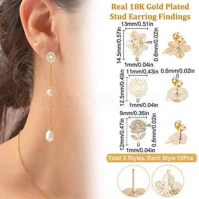 Beebeecraft 30Pcs 3 Style Brass Stud Earring Findings KK-BBC0003-29-1