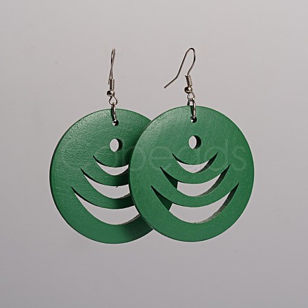 Flat Round Hollow Wood Dangle Earrings EJEW-F0090-03A-1