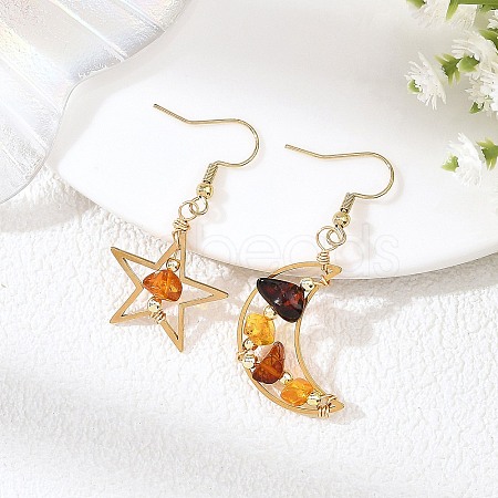 Natural Amber Wire Wrapped Star Moon Dangle Earrings EJEW-JE07532-1
