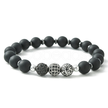 Natural Black Agate & Synthetic Hematite & Cubic Zirconia Round Beaded Stretch Bracelet BJEW-JB09442-1