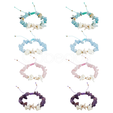 8Pcs 4 Styles Natural Gemstone Chip Braided Bead Bracelets BJEW-MA00001-1