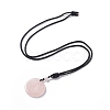 Natural Rose Quartz Flat Round with Flower of Life Pendant Necklace with Nylon Cord for Women NJEW-P274-02-06-2