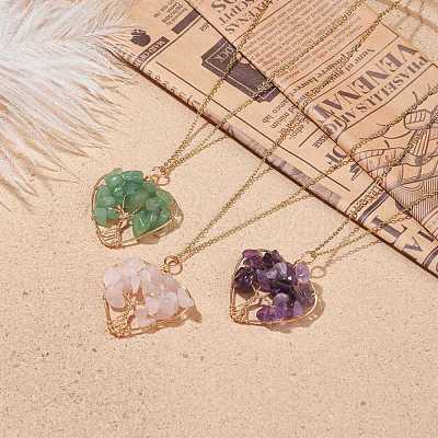 Natural Gemstone Chips Heart with Tree of Life Pendant Necklace NJEW-JN03906-1