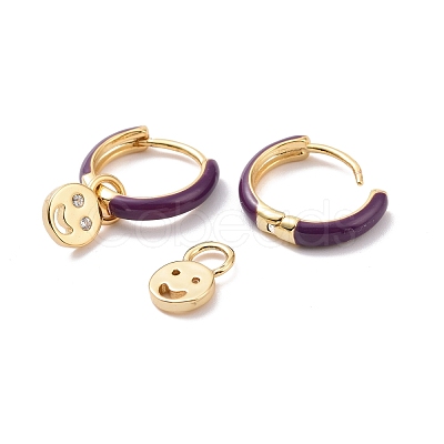 Clear Cubic Zirconia Smiling Face Dangle Hoop Earrings with Enamel EJEW-C030-13G-1