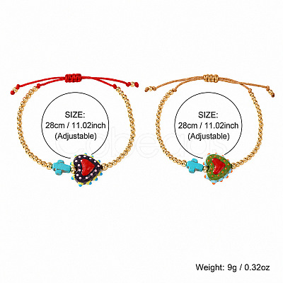 2Pcs 2 Colors Dyed Synthetic Turquoise Cross and Glass Heart Braided Bead Bracelets for Women PE0777-1-1