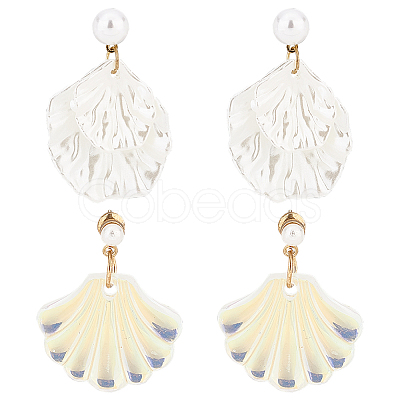 2 Pairs 2 Color Resin Shell Shape Dangle Stud Earrings with Imitation Pearl Beaded EJEW-AN0002-62-1