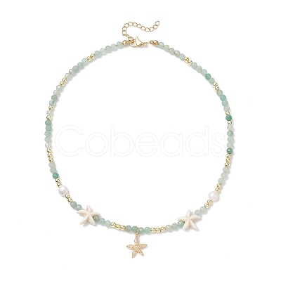 Dyed Natural Agate Faceted Round and Natural Cultured Freshwater Pearl & Starfish Synthetic Turquoise Beaded Brass Starfish Pendant Necklaces for Women NJEW-JN05496-02-1