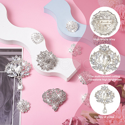 10Pcs 10 Styles Flower & Heart & Teardrop Crystal Rhinestone Brooches Set JEWB-BY0001-04-1