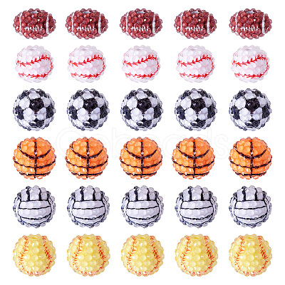 30Pcs 6 Styles Sport Theme Resin Rhinestone Beads RESI-TA0003-97-1