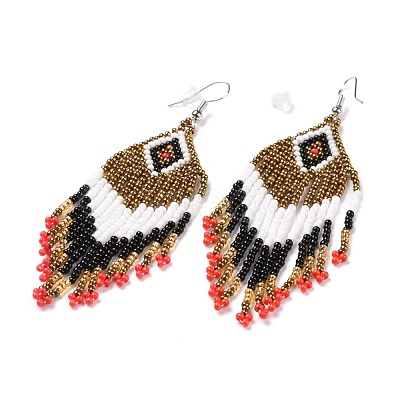 Glass Seed Braided Rhombus with Tassel Chandelier Earrings EJEW-H084-01P-1