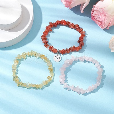 3Pcs 3 Styles Natural Rose Quartz & Citrine & Red Agate Chips Stretch Bracelets Sets BJEW-JB11076-03-1