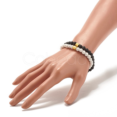 2Pcs 2 Style Natural Lava Rock(Dyed) Round Beaded Stretch Bracelets Set with Column Synthetic Hematite BJEW-JB07578-1