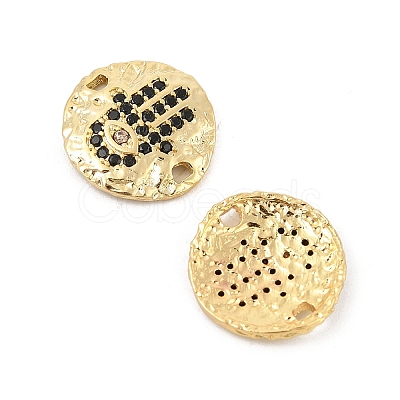 Brass Micro Pave Black Cubic Zirconia Disc with Hamsa Hand Connector Charms KK-P300-24G-02-1