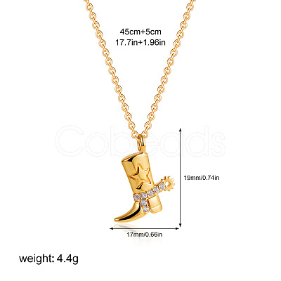 304 Stainless Steel Micro Pave Clear Cubic Zirconia Embossed Cowboy Boot Pendant Necklaces FS-WGF88B1-05-1