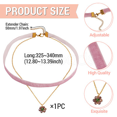 Glass Beaded Flower Pendant Single Face Medium Orchid Velvet Ribbon & Brass Cable Chain Double Layered Choker Necklaces NJEW-TAC0041-1