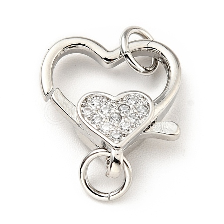 Brass Micro Pave Clear Cubic Zirconia Heart Lobster Claw Clasps KK-G416-35P-1
