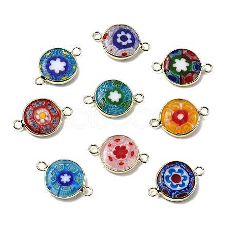 Handmade Millefiori Lampwork Flat Round Connector Charms LAMP-D002-02A-G-1