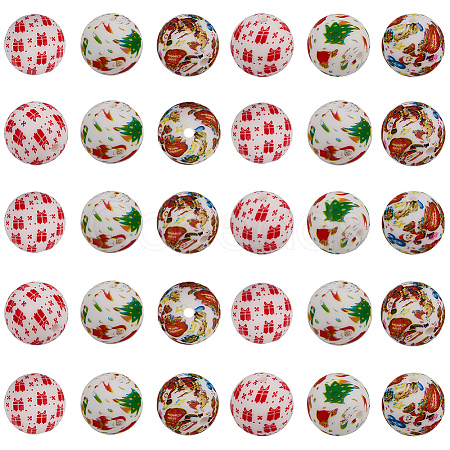 30Pcs 3 Styles Round with Christmas Theme Pattern Silicone Focal Beads SIL-SC0002-97C-1