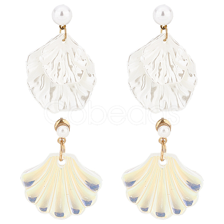 2 Pairs 2 Color Resin Shell Shape Dangle Stud Earrings with Imitation Pearl Beaded EJEW-AN0002-62-1