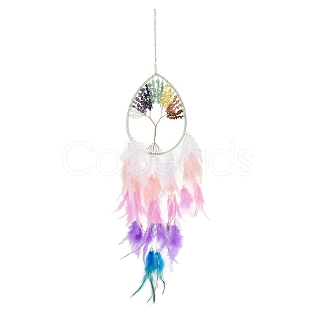 Wire Wrapped Natural Gemstone Chip Teardrop with Tree of Life Wind Chime HJEW-K067-09P-01-1