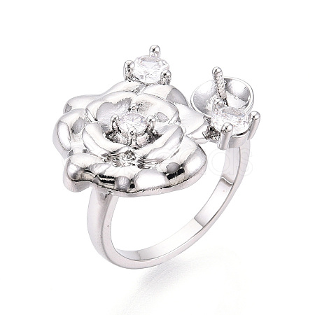 Flower Brass Micro Pave Clear Cubic Zirconia Cuff Ring Settings KK-T076-71P-1
