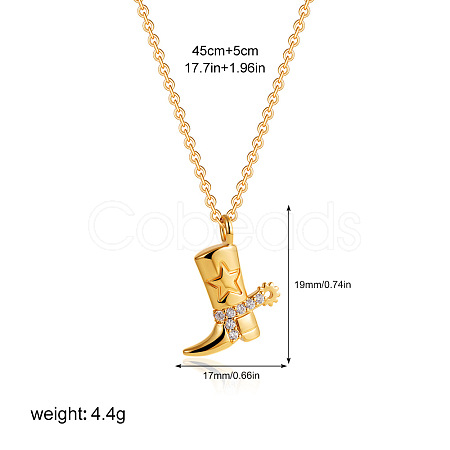 304 Stainless Steel Micro Pave Clear Cubic Zirconia Embossed Cowboy Boot Pendant Necklaces FS-WGF88B1-05-1