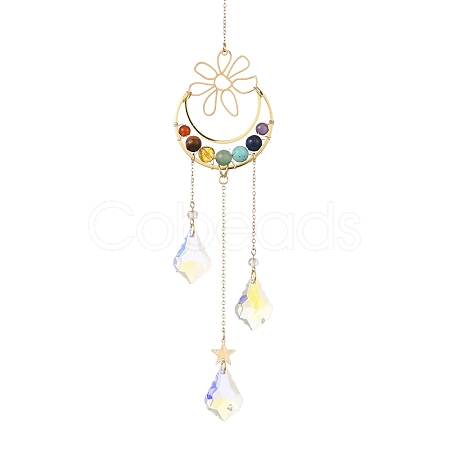 Chakra Natural & Synthetic Gemstone Beaded Wrapped Brass Moon Hanging Suncatchers HJEW-TA00287-1