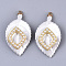 ABS Plastic Pendants, with ABS Plastic Imitation Pearl, Light Gold Plated Alloy Finding and Brass Loop, Leaf with Rhombus, White, 34.5x18.5x6mm, Hole: 1.6mm