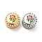 304 Stainless Steel European Beads, with Enamel & Rhinestone, Large Hole Beads, Flat Round with Rose, Golden & Stainless Steel Color, 12x8mm, Hole: 4mm