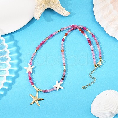Synthetic Turquoise & Dyed Natural Agate Faceted Round Beaded Starfish 304 Stainless Steel Pendant Necklaces for Women NJEW-JN05458-01-1