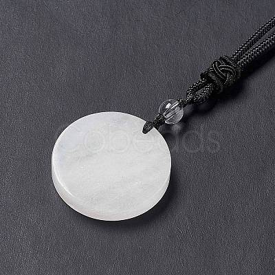 Natural Quartz Crystal Flat Round with Flower of Life Pendant Necklace with Nylon Cord for Women NJEW-P274-02-07-1