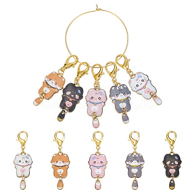 10Pcs 5 Styles Cat Alloy Enamel Pendant Locking Stitch Markers HJEW-HY00108-1