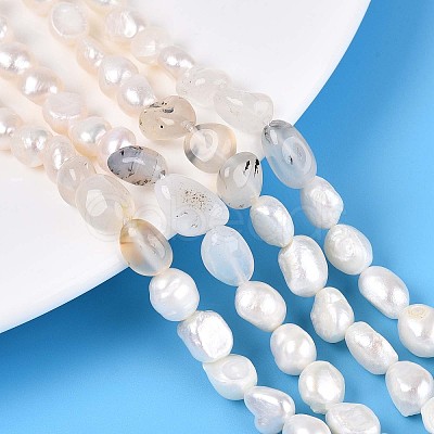 Natural Cherry Blossom Agate Nuggets & Natural Cultured Freshwater Pearl Beads Strands PEAR-N023-01A-05-1