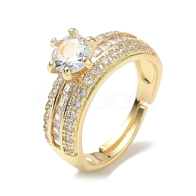 Adjustable Brass Finger Rings with Round Cubic Zirconia Center & Baguette Accents for Women CU-CBA7E55-16G-1