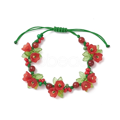 Flower Acrylic & MIYUKI Seed Beads & Natural Carnelian Bracelets BJEW-MZ00221-01-1
