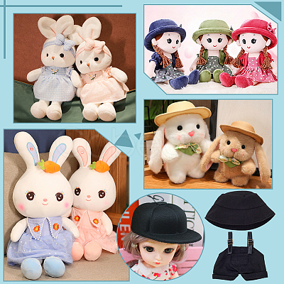 1Pc Cotton & PU Leather Suspender Trousers and 1Pc Cloth Bucket Hat for Dolls Accessories DOLL-WR0001-05B-1