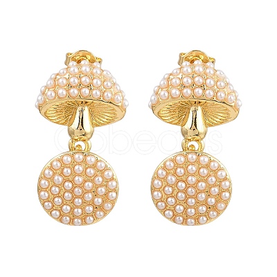 Brass ABS Plastic Pearl Mushroom Dangle Stud Earrings EJEW-L275-03G-1