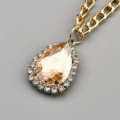 Brass Rhinestone Teardrop Pendant Aluminum Chain Necklaces for Women NJEW-WH0817-005KCG-01-1