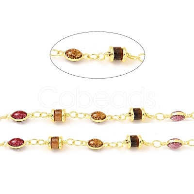 Natural Tiger Eye Column & Colorful Enamel Horse Eye Link Chain CHC-G017-03G-1