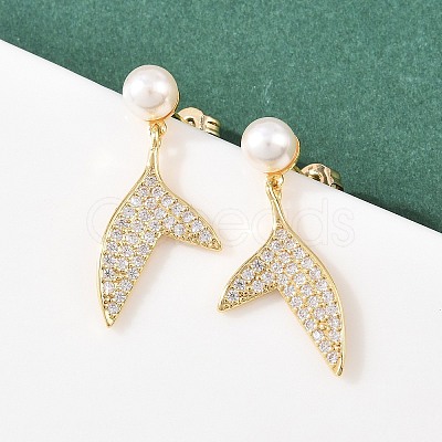 Fishtail Brass Micro Pave Clear Cubic Zirconia Dangle Stud Earrings EJEW-C172-06G-1