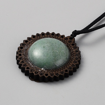 Natural Green Aventurine & Wood Flower Pendant Necklace with Adjustable Nylon Cords NJEW-WH0002-118C-1