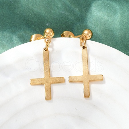 Christian Upside Down Cross 201 Stainless Steel Dangle Stud Earrings LS-EJEW-P314-01A-G-1