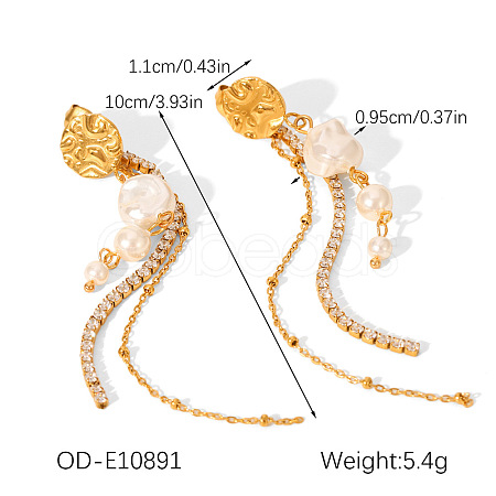 304 Stainless Steel & Clear Cubic Zirconia & Natural Freshwater Pearl Tassel Stud Dangle Earrings WG6C0B9-04-1