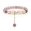 Natural Strawberry Quartz & White Moonstone & Pearl Beaded Stretch Bracelet with Tassel Charms for Women BJEW-JB09009-01-1