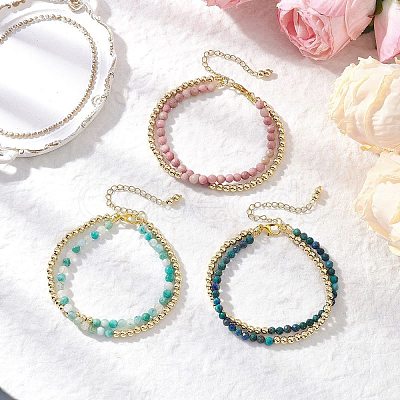 3Pcs Natural Rhodonite & Chrysocolla & Lapis Lazuli & Dyed Hemimorphite Round Beadeds Double-layered Bracelets for Women BJEW-JB12095-1